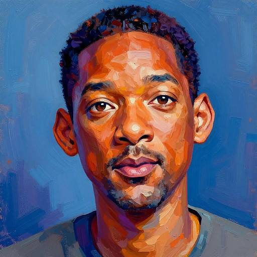 Digital portrait of a black man with short curly hair, warm orange and brown skin tones, blue background, and expressive eyes.