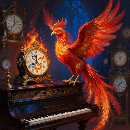 Digital artwork: Vibrant red phoenix with fiery feathers perches on ornate clock with flames, atop a grand piano, surrounded by antique clocks in a