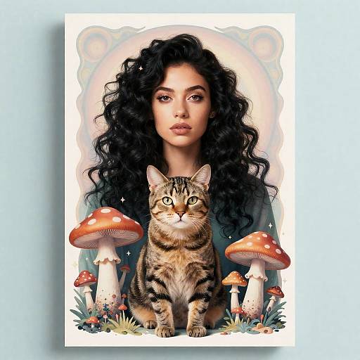 Psychedelic Girl and Tabby Cat Poster