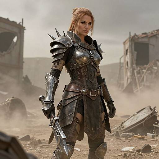 Armored Woman in Post-Apocalyptic Wasteland