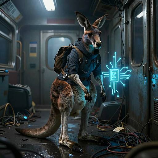 Photorealistic CGI: anthropomorphic kangaroo in dark hoodie, backpack, glowing blue circuit on hand, standing in dimly lit, cluttered train