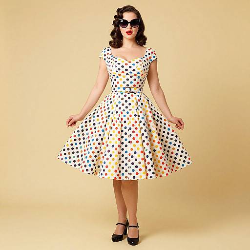 Photograph of a curvy woman with fair skin, dark wavy hair, red lipstick, wearing a white polka dot dress, black Mary Jan