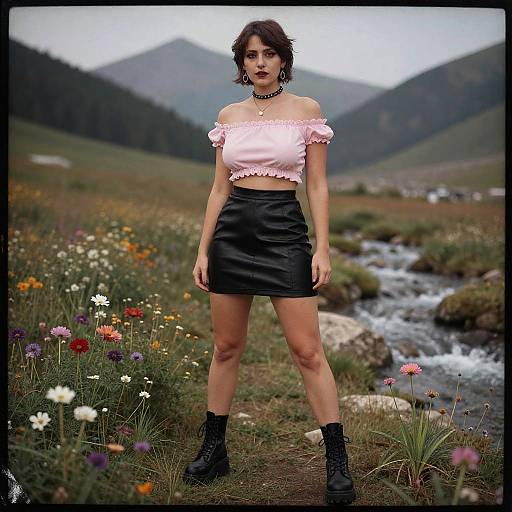 Romantic Punk Woman in Floral Meadow