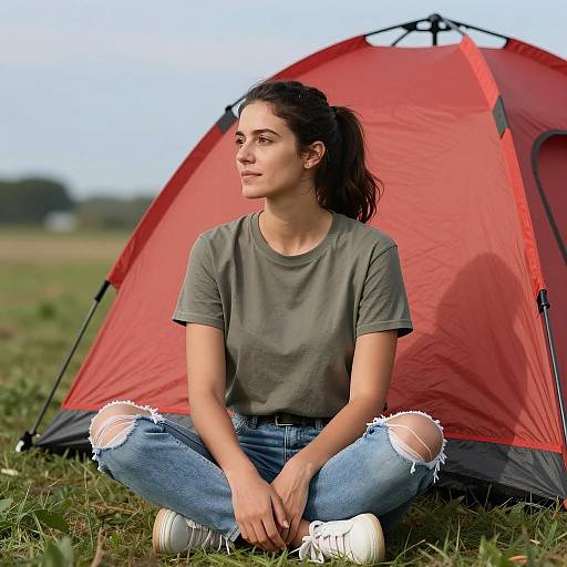 Calm Woman by Red Tent Outdoors