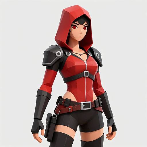 Digital anime-style drawing of a red-hooded, red-and-black armored woman with red eyes, black shorts, black thigh-highs, and a