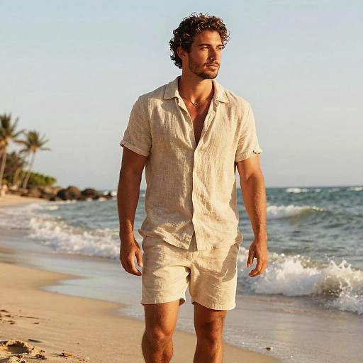 Photograph of a handsome, curly-haired man with a beard, wearing a light beige, short-sleeved, button-up shirt and shorts, walking