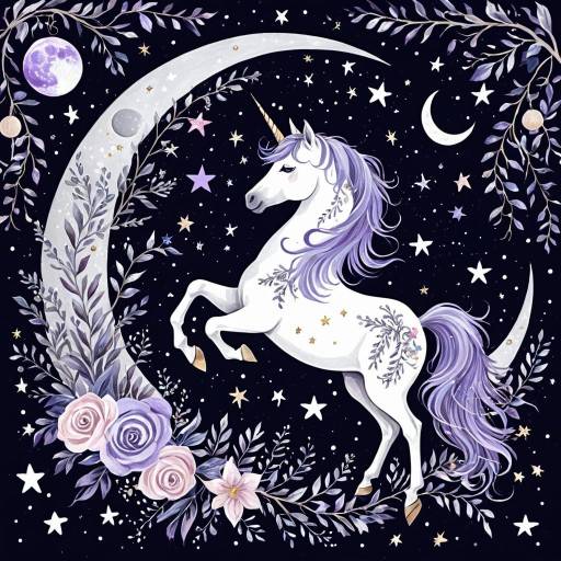 Elegant Silver and Lavender Unicorn with Stars and Moon