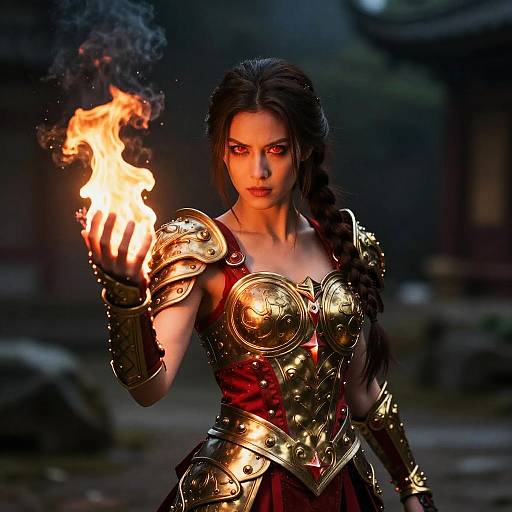 Digital artwork of a fierce, red-eyed woman with long black hair, wielding a fiery hand, clad in ornate, golden armor over a red dress