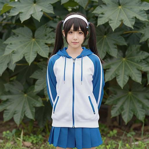 Young woman in sporty blue and white outfit outdoors