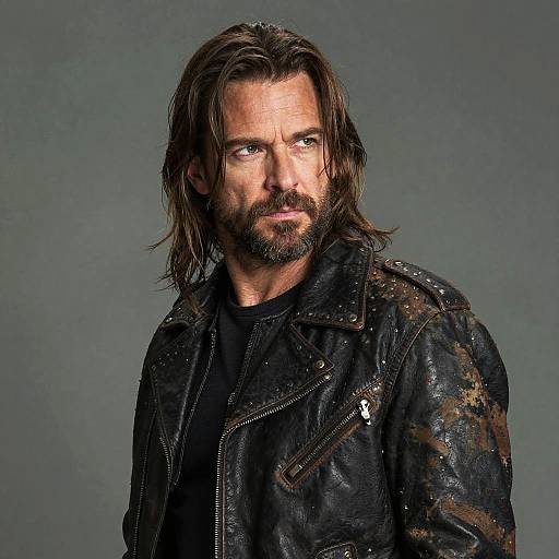 Photograph of a rugged, middle-aged man with long brown hair, beard, and intense gaze, wearing a weathered black leather jacket, against a