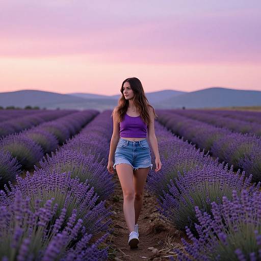 Photograph of a young woman with long brown hair, wearing a purple tank top and blue denim shorts, walking through a lavender field at sunset.