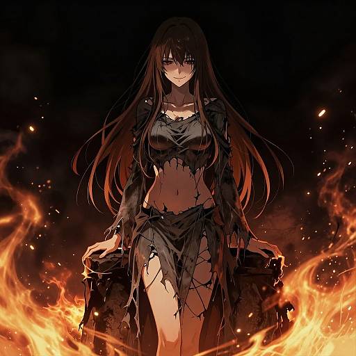 Digital anime-style drawing of a dark-haired, long-haired woman with glowing red eyes, wearing tattered black clothes, standing amidst fiery flames against a black