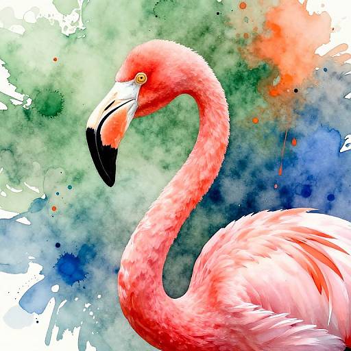 Digital painting of a vibrant pink flamingo with a black-tipped beak, set against a colorful watercolor background of greens, blues, and oranges