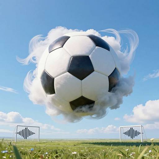 Photograph of a black-and-white soccer ball suspended in mid-air above a grassy field with two white goalposts under a clear blue sky.