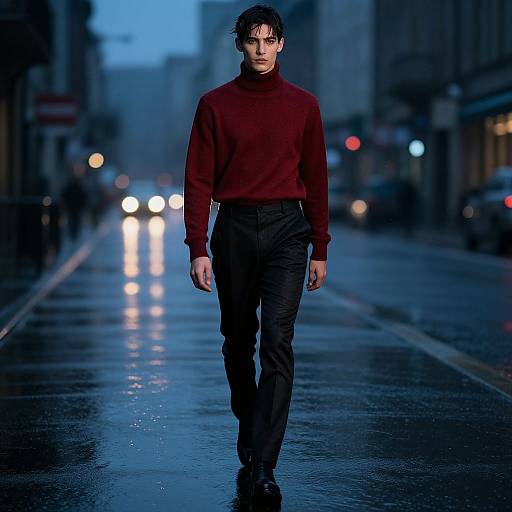 Photograph of a slim, dark-haired male model in a deep red turtleneck and black pants walking down a rain-soaked, blue-lit