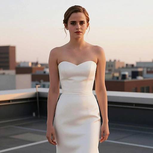 Photograph of a young woman with light skin and brown hair in an elegant, strapless white wedding dress, standing on a rooftop with a cityscape