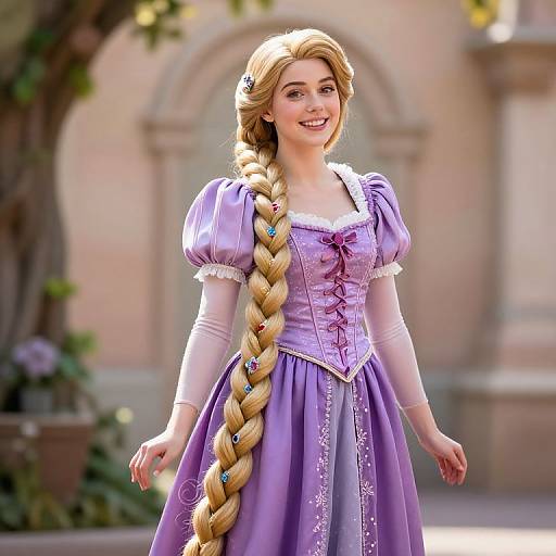 Digital art of a smiling blonde woman with a long braid, wearing a purple Rapunzel-style dress, standing in a sunlit, blurred outdoor