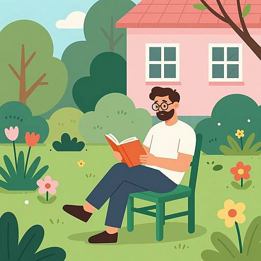 Man Reading Book in Garden