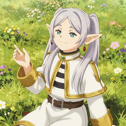 Anime-style digital drawing of a cute, silver-haired elf girl with pointed ears, wearing a white and gold striped outfit, sitting in a vibrant, sun