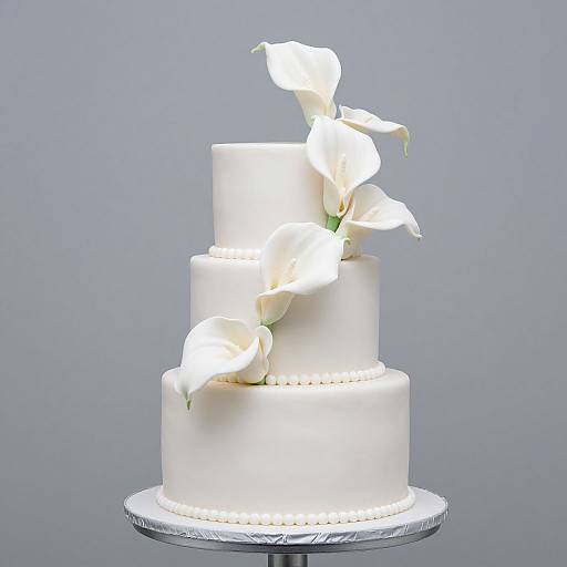 Photograph of a three-tiered white wedding cake adorned with elegant white calla lilies, set against a plain gray background.