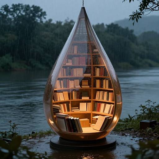 Photograph of a glowing, teardrop-shaped bookshelf illuminated in rain, standing by a serene river with misty, tree-lined background.