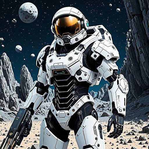 Futuristic Robotic Engineer in Advanced Exosuit on Asteroid