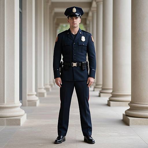 Photograph of a serious male police officer in a dark navy uniform standing in a colonnade with white columns.