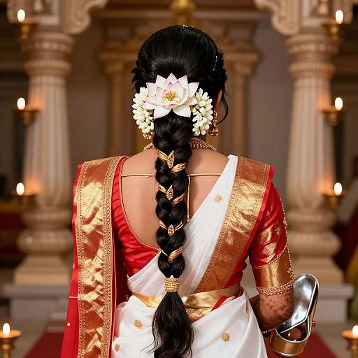 Photograph of a woman with a long black braid, white flower hairpiece, red and white traditional Indian saree, gold accents, holding a