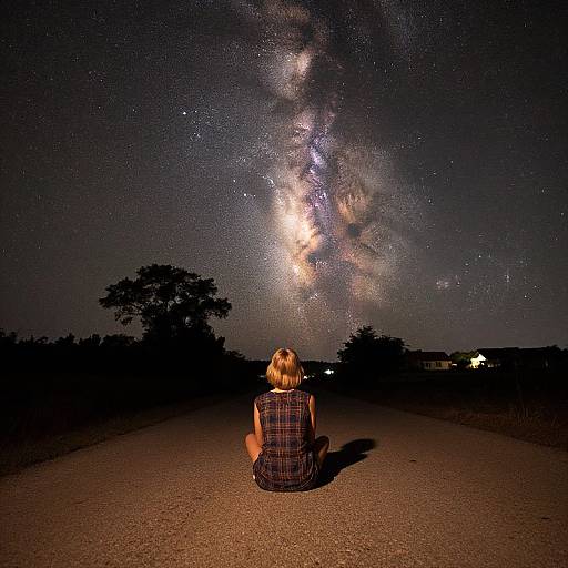 Photograph of a blonde woman in a plaid dress, sitting on a dark road, gazing at a vibrant Milky Way galaxy above, with sil