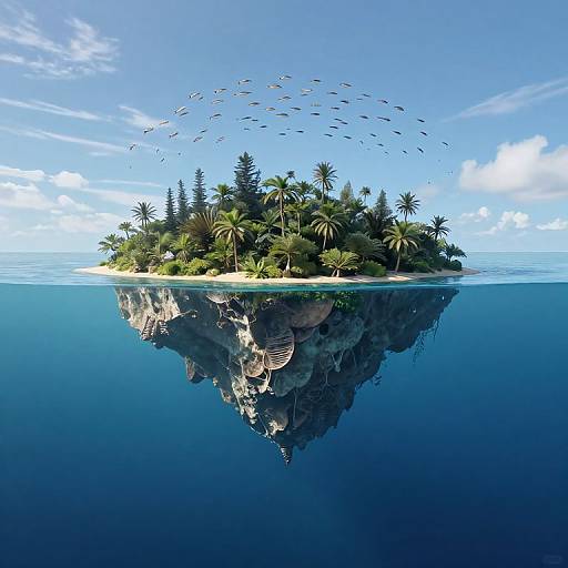 Digital artwork of a small tropical island with palm trees, reflecting in calm blue ocean, surrounded by flying birds, under clear sky.