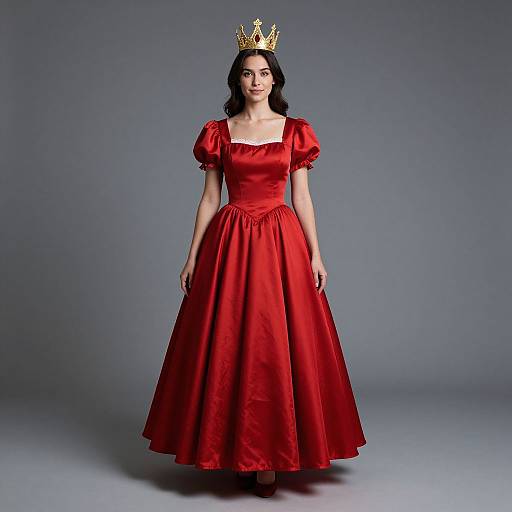 Photograph of a woman with dark hair, wearing a red satin gown and golden crown, standing against a gray background.