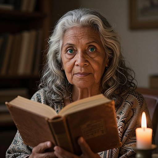Photograph of an elderly woman with gray, wavy hair, blue eyes, and wrinkled skin, reading an old book by candlelight in a