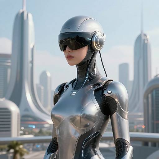 Futuristic Female Robot in Neo-Futuristic City