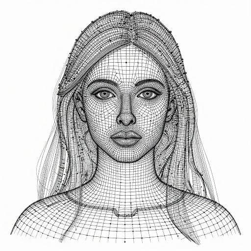 Black-and-white digital drawing of a woman with long hair, intense eyes, and neutral expression, created using a grid pattern technique.