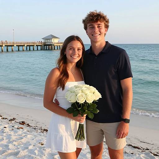 Couple on Beach with White Roses