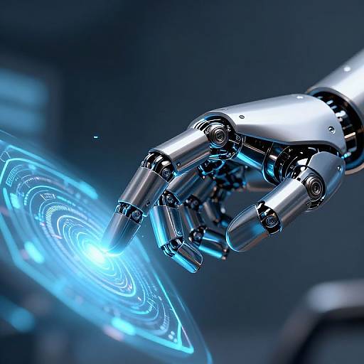 Photorealistic CGI of a metallic robotic hand hovering over a glowing blue holographic interface with concentric circles.