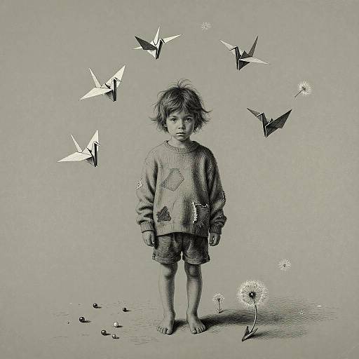 Scratchboard Art of Child with Paper Cranes and Dandelions