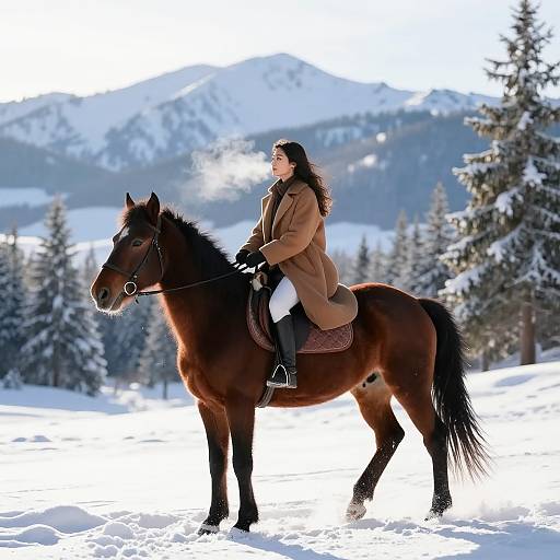 Woman Riding Horse in Snowy Mountain Landscape