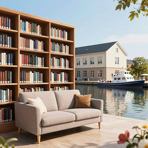 Serene Library with Outdoor Ambiance