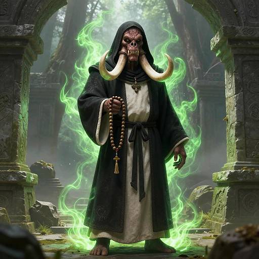 Digital illustration of a skull-faced, horned figure in black robe, holding beads, surrounded by green fire, standing in ancient ruins.