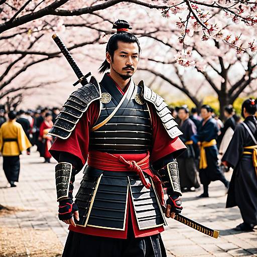 Samurai Warrior in Cherry Blossom Park