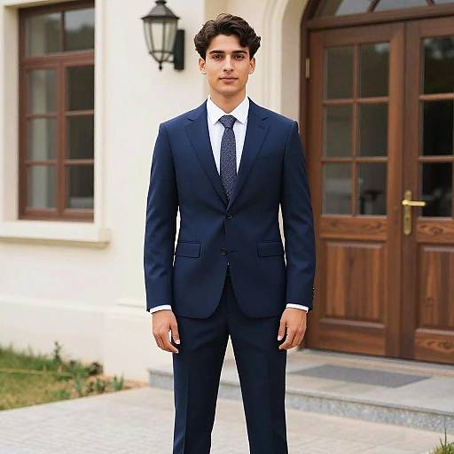 Man in Blue Suit Standing Outdoors