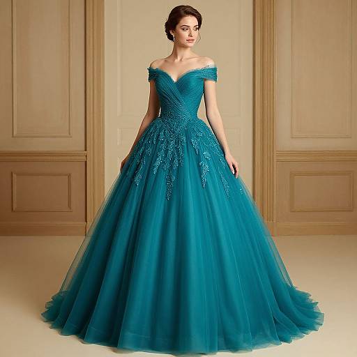 Photograph of a fair-skinned woman in an off-shoulder, emerald blue, full-length ball gown with intricate lace detailing, standing in