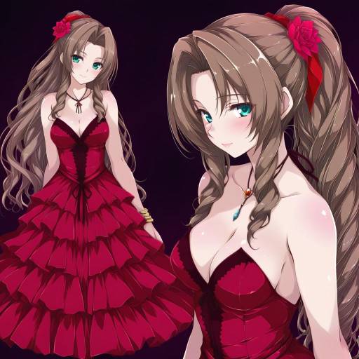 Illustration of Aerith gainsborough (red dress), final fantasy in the style of Yumesato makura