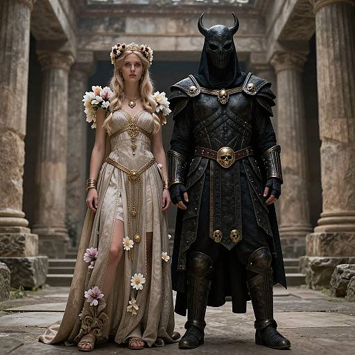Photograph-style CGI: Blonde woman in gold floral dress stands beside armored, black horned figure in ancient, stone-columned temple.