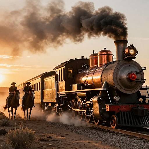 Photograph of a vintage black steam locomotive with billowing smoke, pulling a passenger car, at sunset. Two cowboys on horseback ride beside