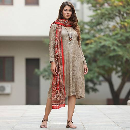 Woman in Beige Dress with Scarf