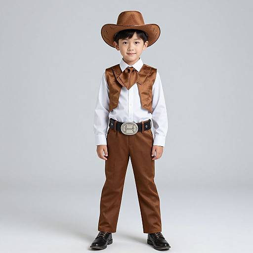 Photograph of an Asian young boy in a brown cowboy outfit with white shirt, brown vest, pants, and hat, standing against a plain white background