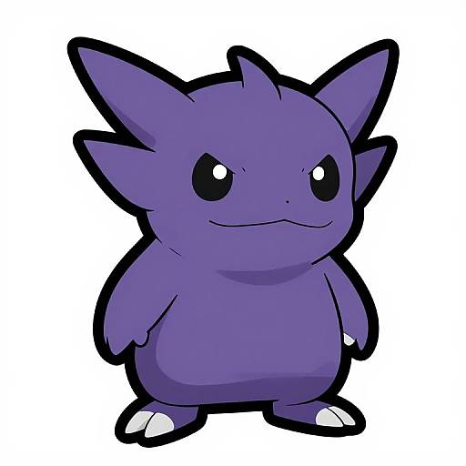 Digital drawing of a chubby, purple Pokémon with large black eyes, pointy ears, small white claws, and a simple smile.