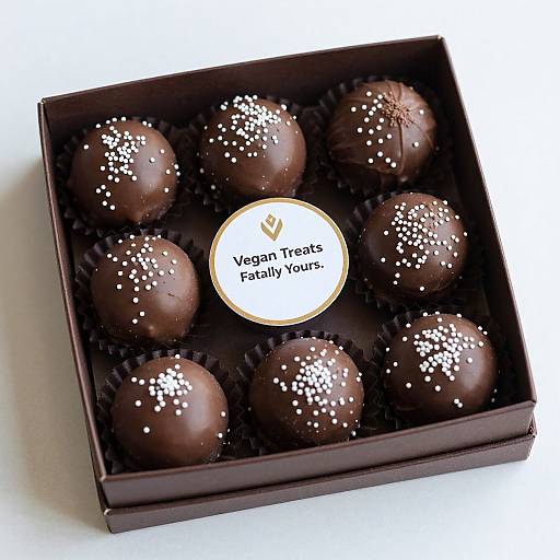 Photograph of a black box containing nine chocolate truffles with white sprinkles, labeled 
